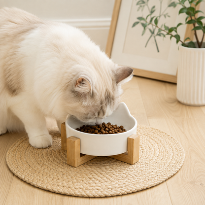 Cat Ear Ceramic Pet Bowl with Wooden Stand