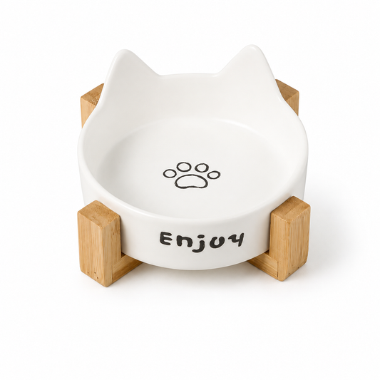 Cat Ear Ceramic Pet Bowl with Wooden Stand