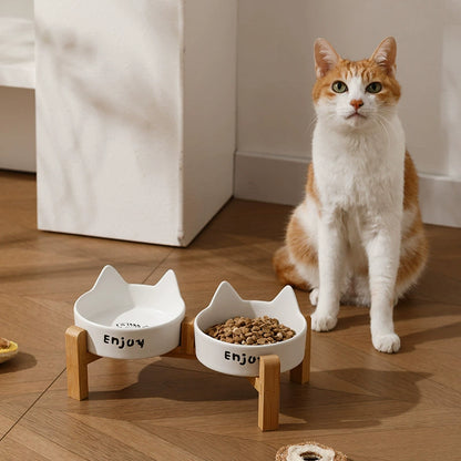 Cat Ear Ceramic Pet Bowl with Wooden Stand